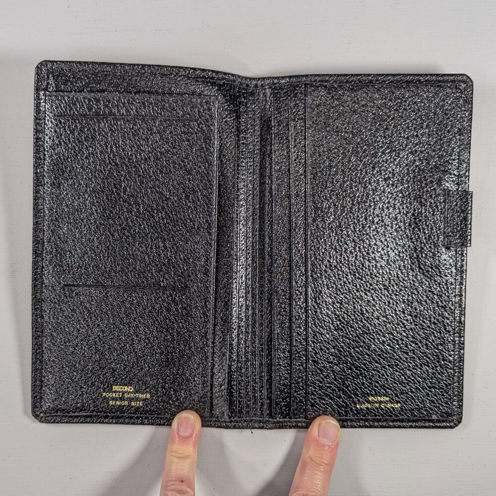 Vintage black Pigskin planner cover, Secord Pocket Day timer senior size